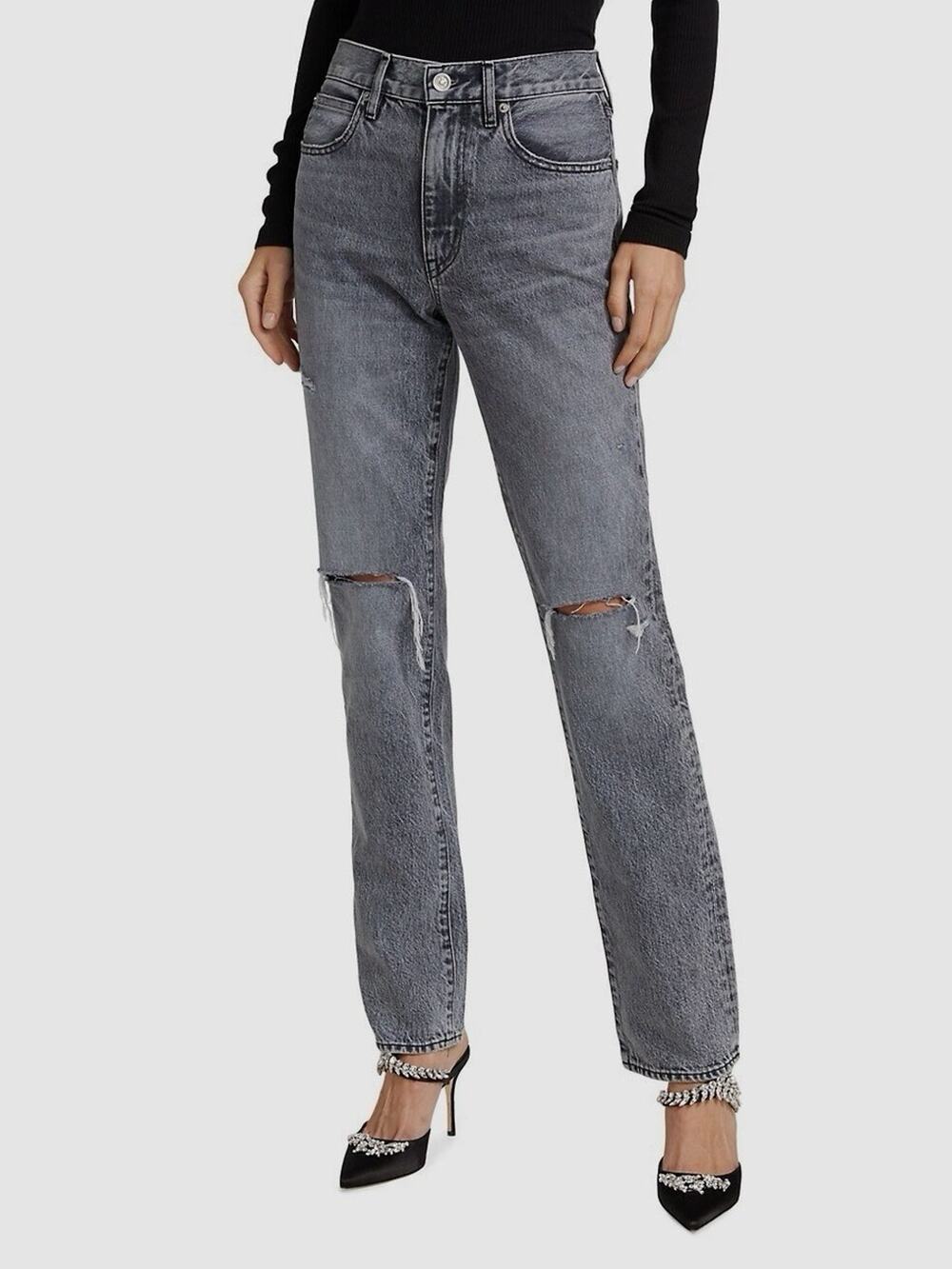 SLVRLAKE Gray Distressed Cotton High Rise Straight Leg Sierra Jeans - 27